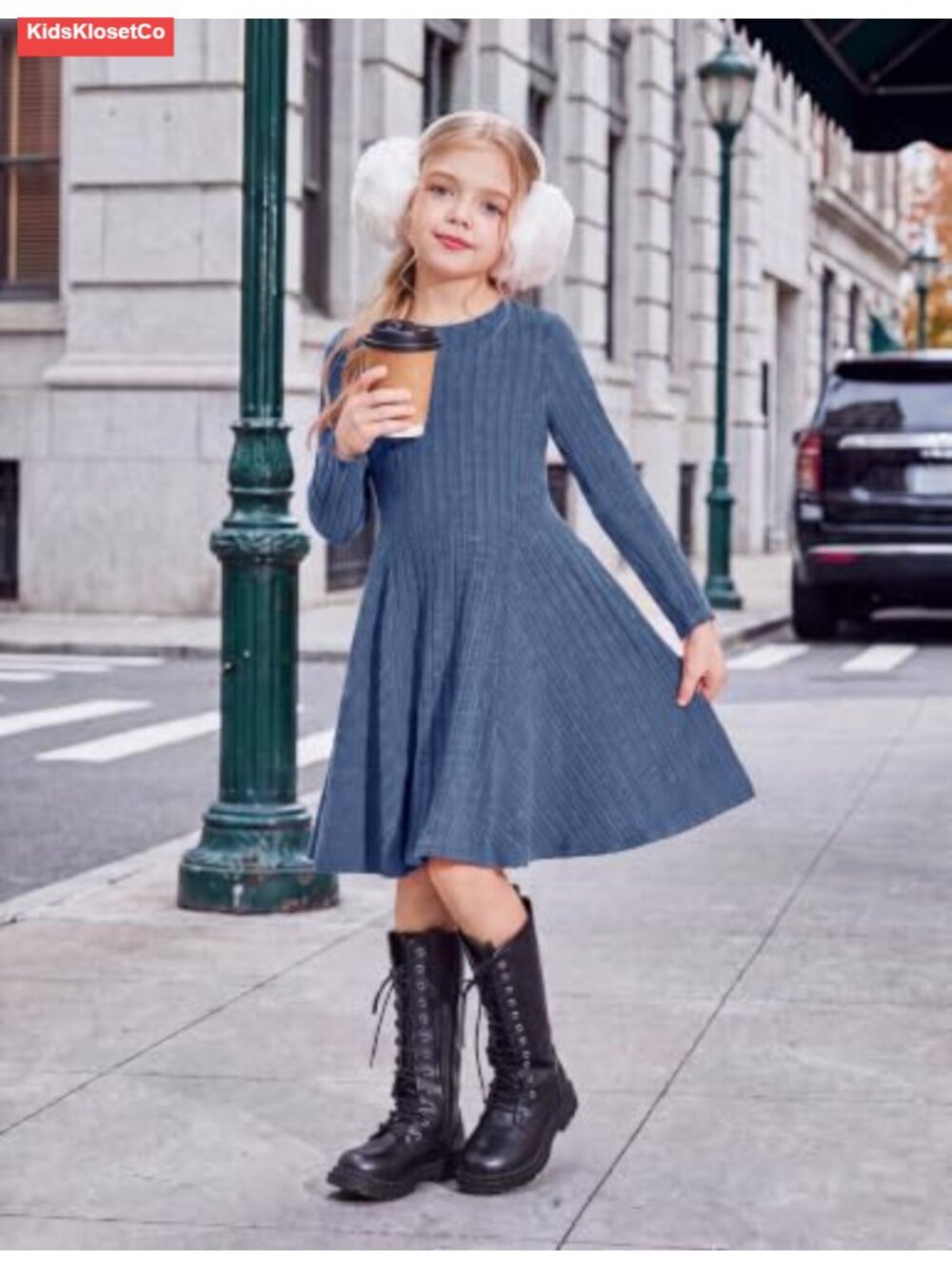 Girls Ribbed Knit Sweater Dress Long Sleeve A-Line Casual Fall Winter - Picture 3 of 6